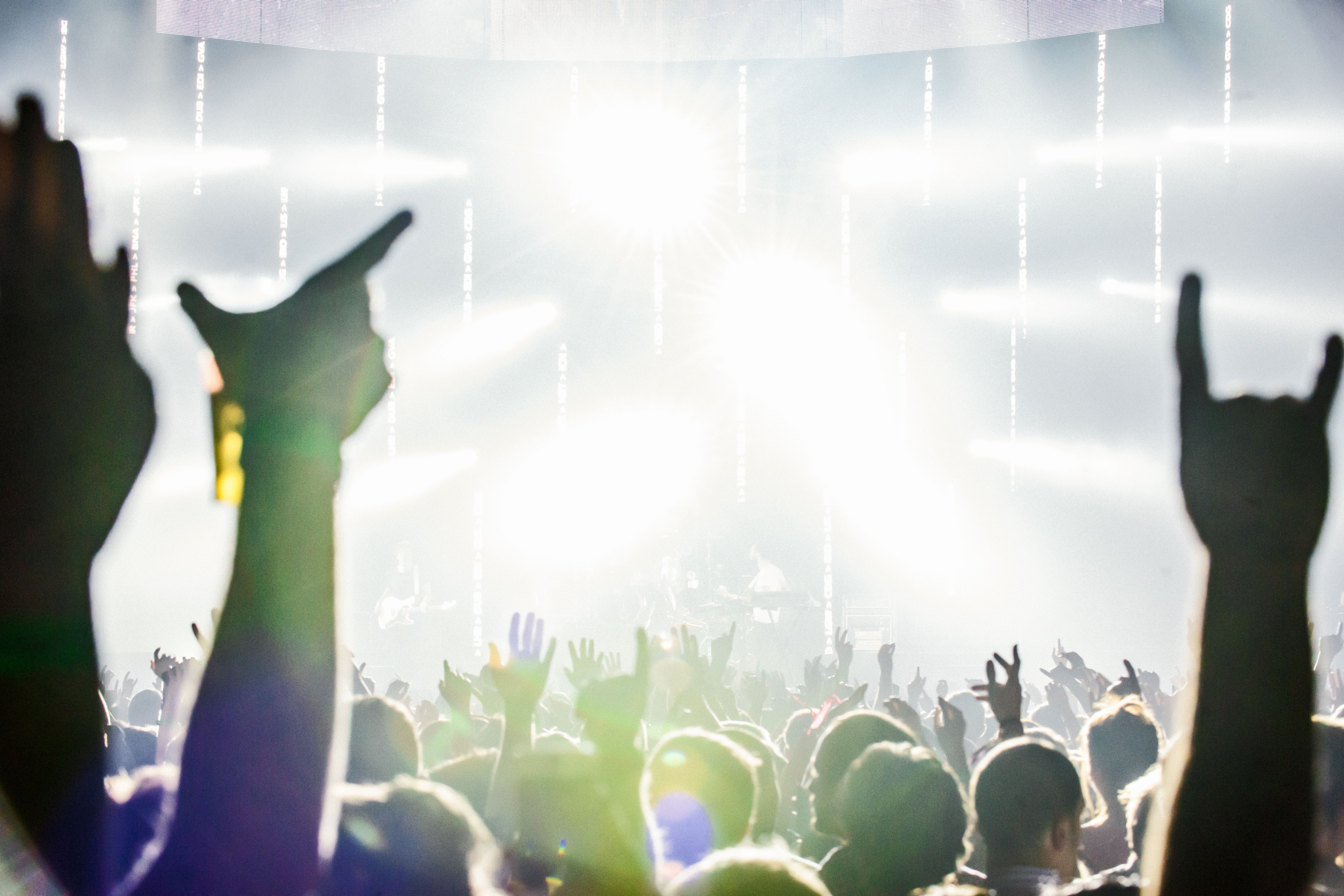 Dynamic crowd at a live concert with hands raised, celebrating music and shared moments