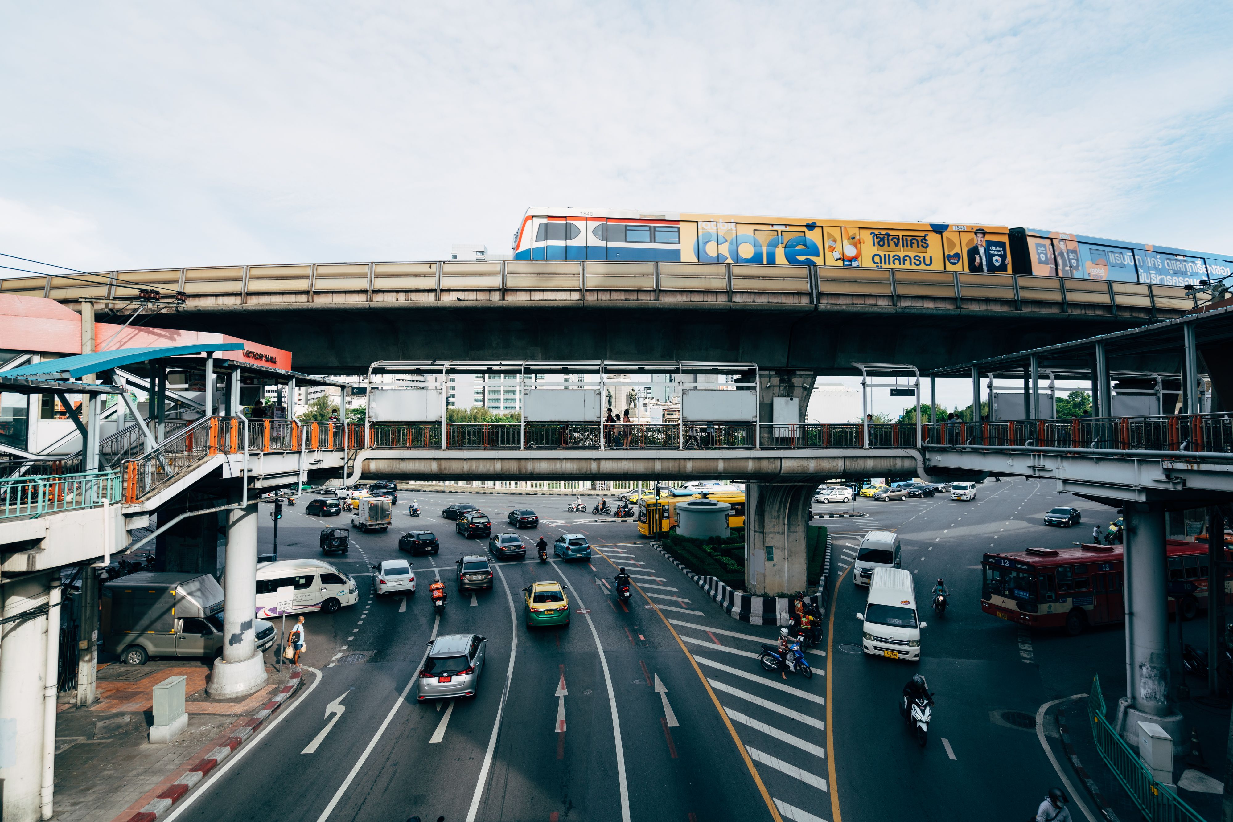 Bangkok traffic, elevated rail, and highway infrastructure showing urban connectivity in Southeast Asia.
