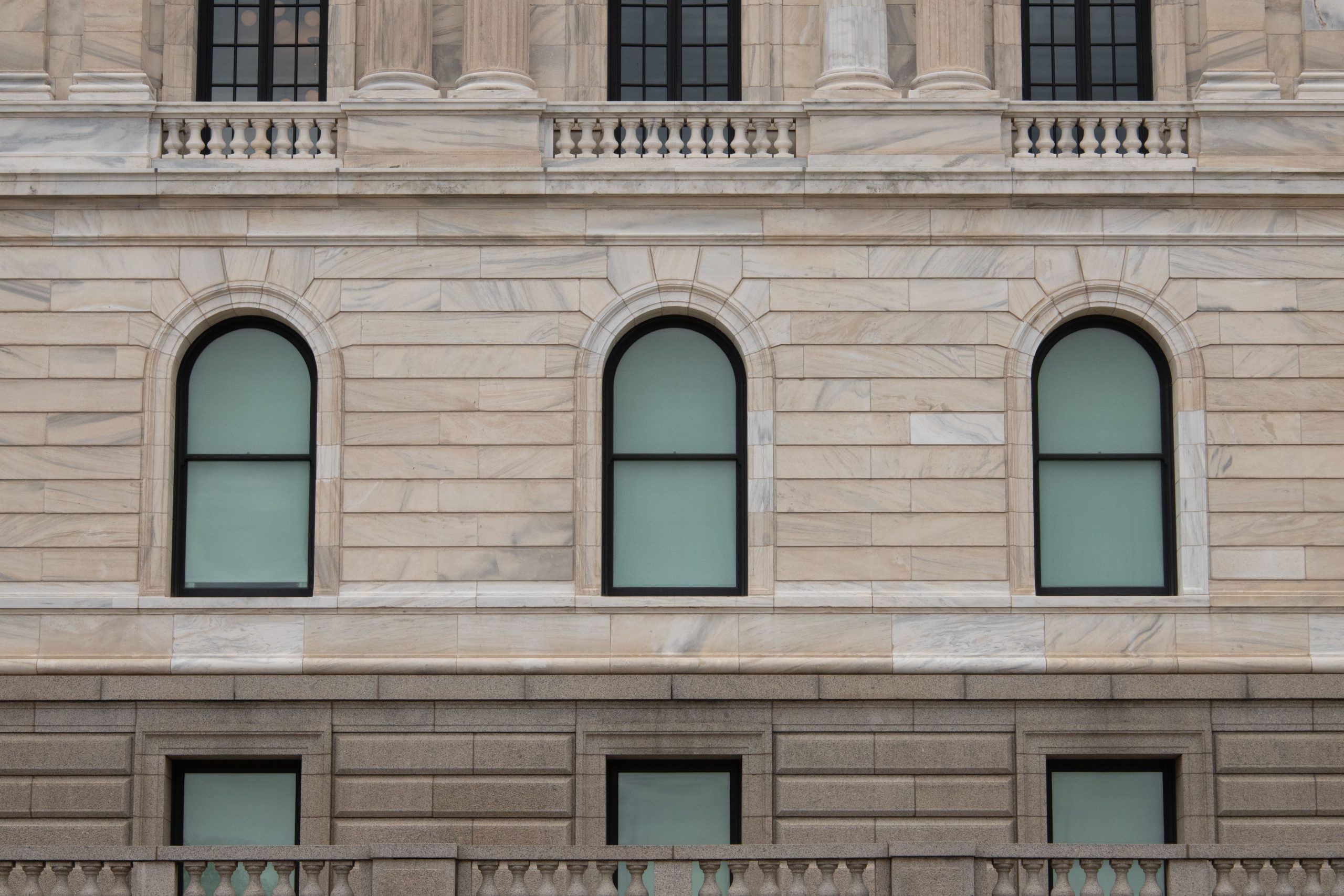 Detailed view of the Minnesota State Capitol's architectural facade in Saint Paul